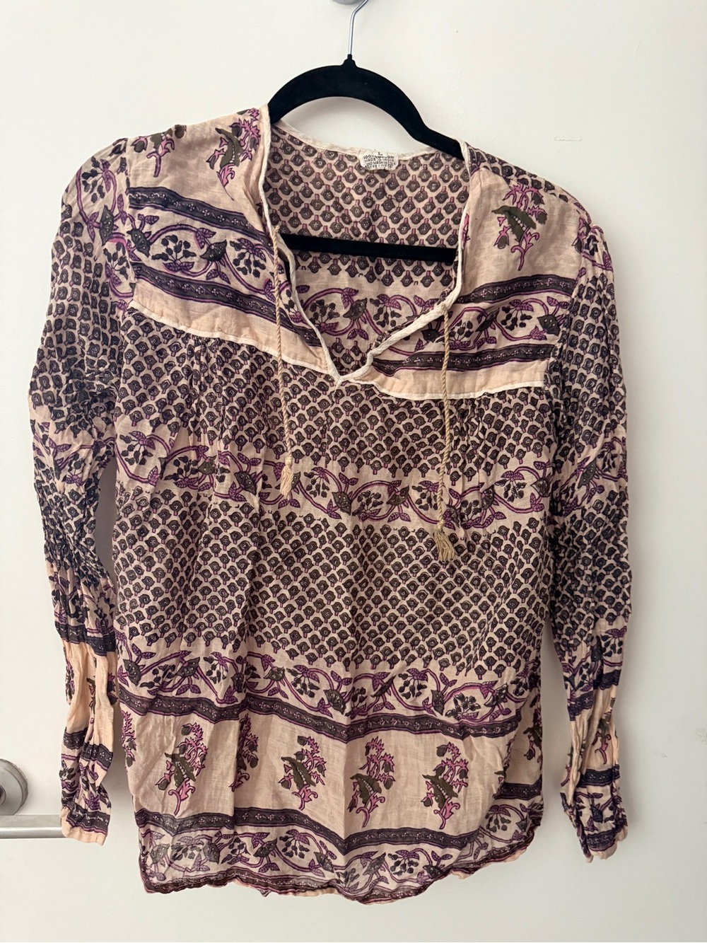 #vintage Boho Printed Peasant Blouse - Beige & Purple